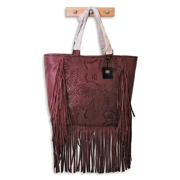 New FRYE Vivian Leather Large Boho Perforated and Whipstitched Fringe Tote Bag - Picture 5 of 11